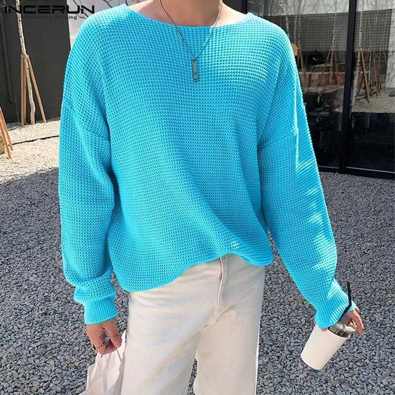 Mens sweater knitted solid loose O-neck long sleeved street clothing casual pull-out Korean mens clothing S-5XL INCERUNW240729