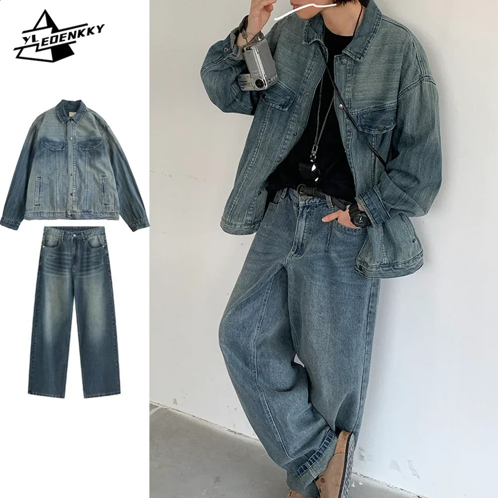 Hip Hop Denim Set Men Women Washed Distressed Striped Denim JacketsVintage Straight Loose Harlan Jeans High Street Cargo Suit 240813