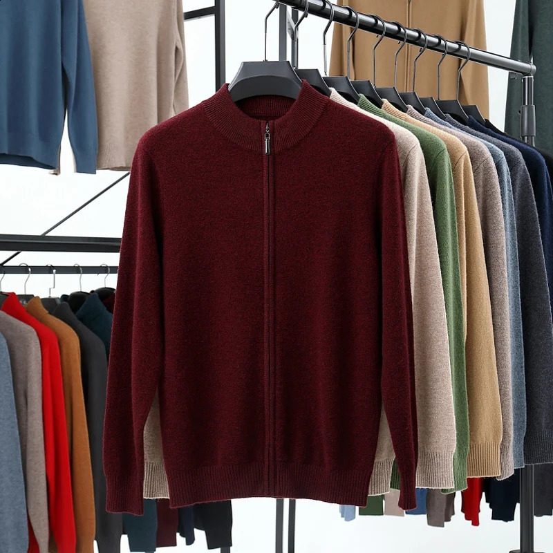 Men Autumn Winter Thicken 500g Pure Wool Zipper Knitted Cardigan Sweater Jacket Business Casual Knitwear Coat Outerwear 240821