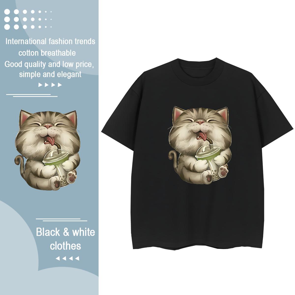 Soft Mens T Shirts cat Crew Neck Breathable Home Outdoor Black Oversized 230g Pure Cotton Tshirts Fashion Design Tees Shirts