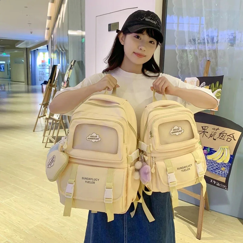 Aesthetic Backpack Cute School Bags with Transparent Pocket Young Women School Backpack Waterproof Book Bag Fashion 240813