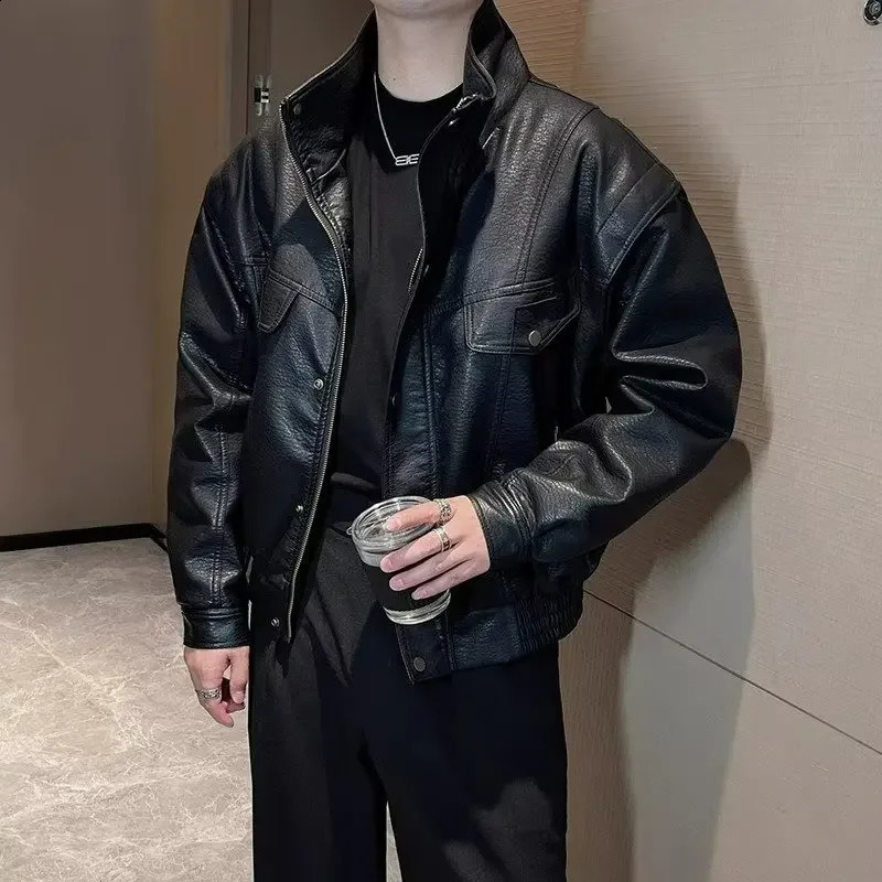 Trendy Black Motorcycle Jacket For Men Casual Stand Collar Leather Biker Riding Gear Lightweight Loose Fit Cropped Jacket o240814