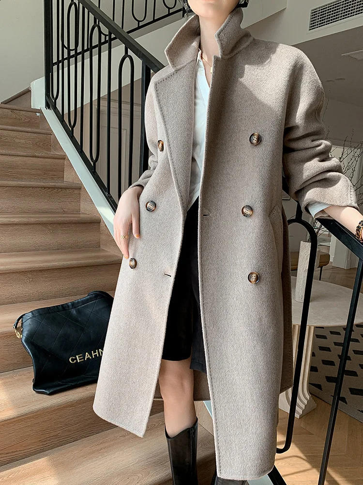 Fashion trend womens coat 100% pure Australian wool coat solid color autumn and winter double-sided wool womens clothing 240828