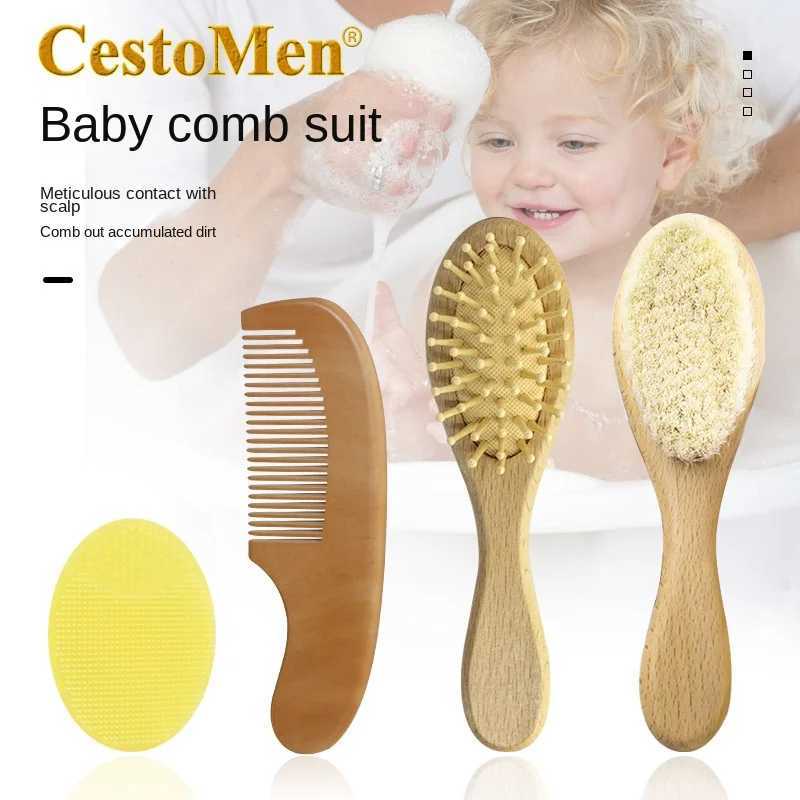 Baby wool brush set beech soft wood brush air bag wooden comb baby shampoo comb and care three piece set W240813