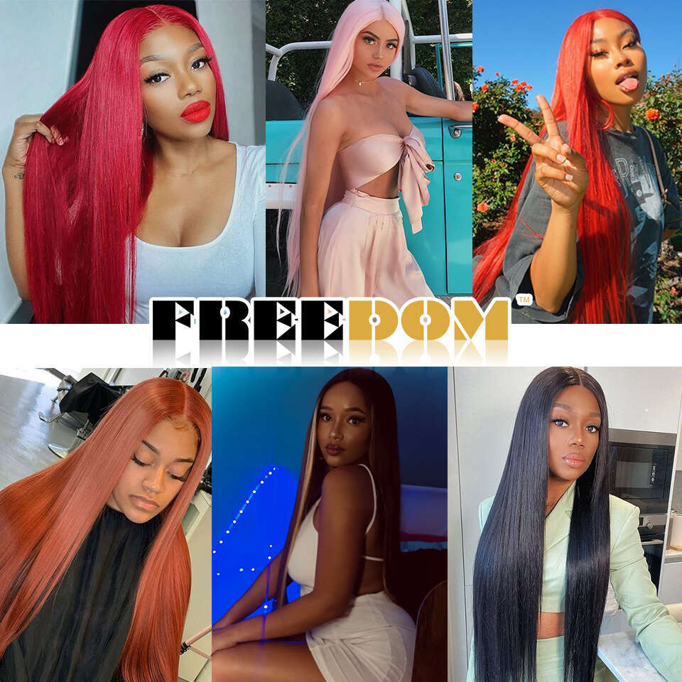 FREEDOM Straight Synthetic Front For Women 38 Inch Long Ombre Brown Red Blonde Hightlight Lace Frontal Wigs Cosplay Wig