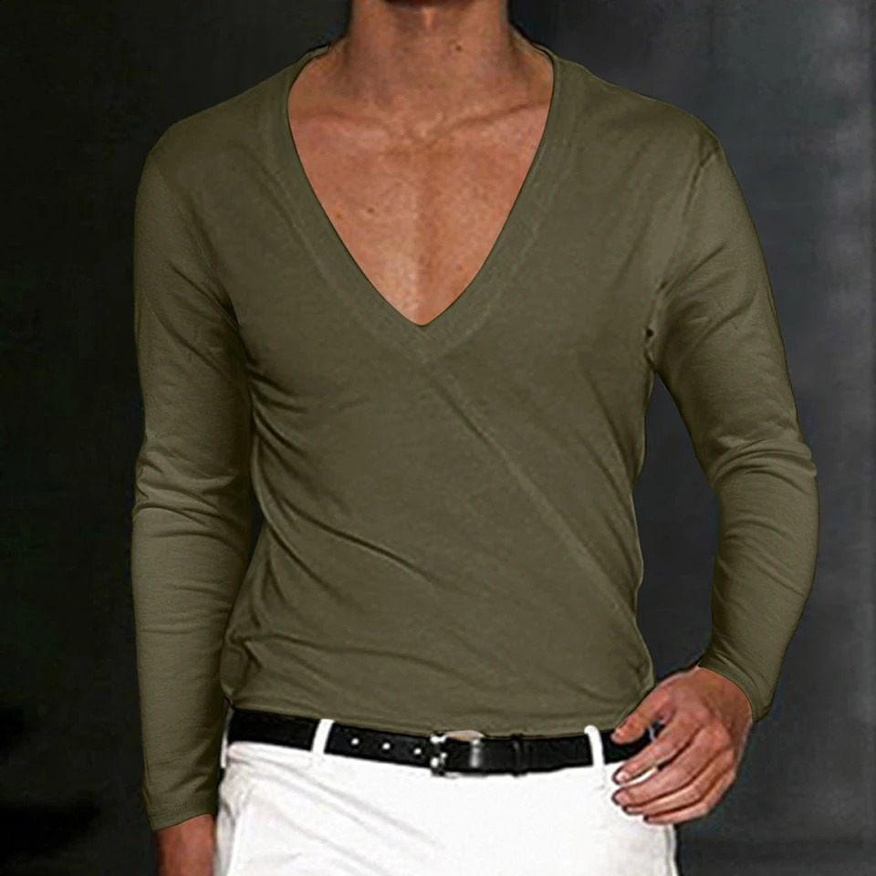 Mens T-Shirt Summer Shirts Low Cut Deep V Neck Comfortable Shirt Tops Mens Long Sleeve Casual Pullover Sexy Slim Fit Tees 240814