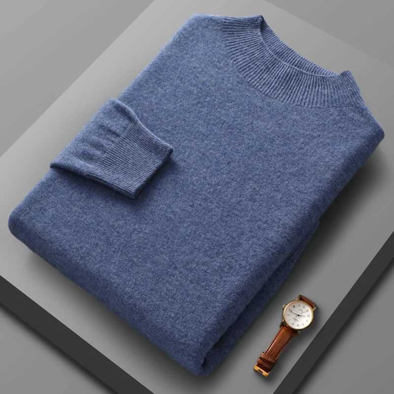 New mens semi high neck sweater pure wool knitted sweater single line ready-made warm underwear casual sweaterW240729