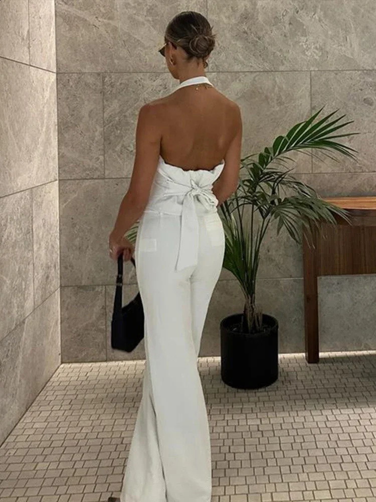 Elegant Backless Halter Top Two Piece Set Women Bow Lace Up Tops Pant Set Female 2024 V-neck Sleeveless High Waist Suit Lady 240813