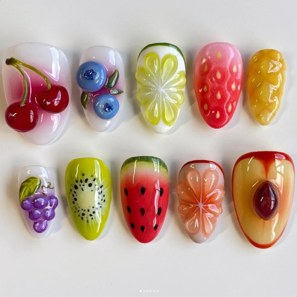 10 Pcs Handmade Manicure Medium Almond Nails Cute Fruit Limited Nails Press On Nails with Adhesive Nail File Set 240810