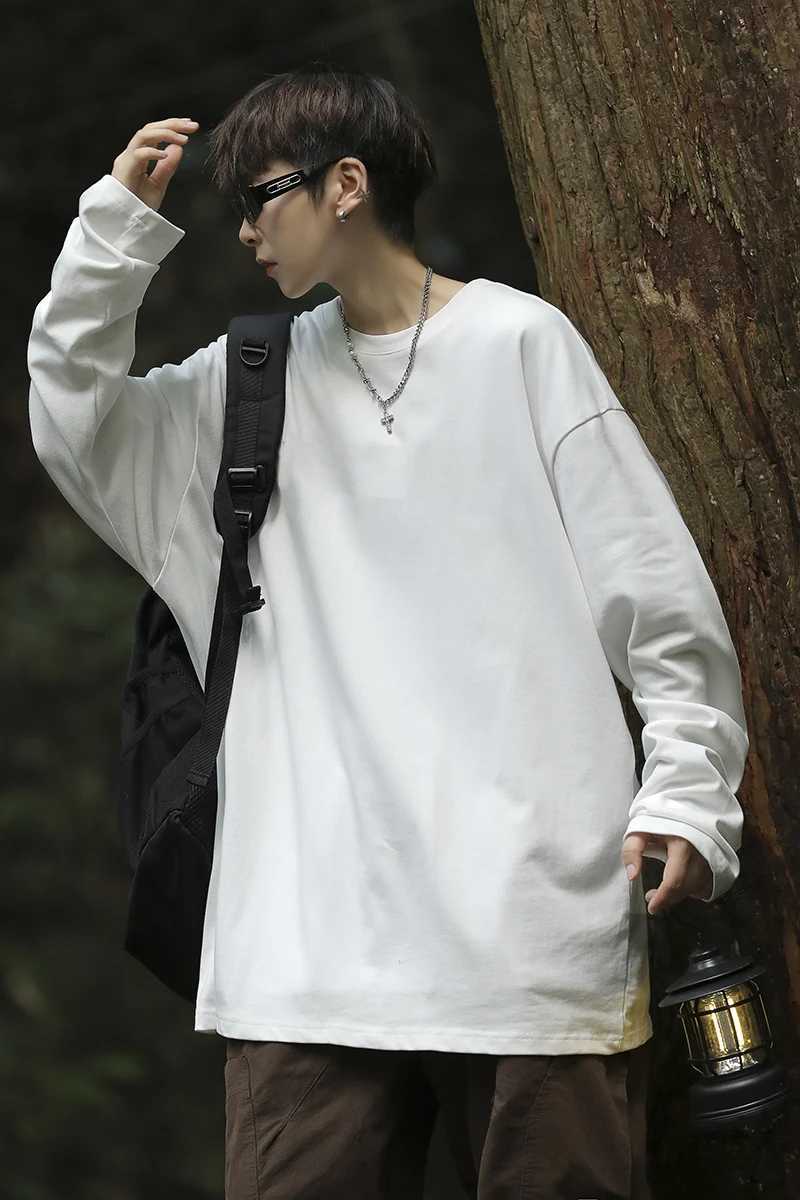 S-5XL! Spring and Autumn Long Sleeve T-shirt for Men Simple and Advanced High Street Hip Hop Trend Loose Solid Color Mens TopM240814