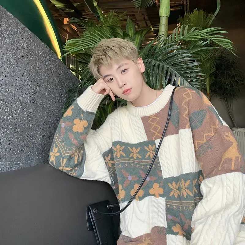 Korean lightweight brown sweater lazy high-end mens autumn and winter loose mens knitted jacket oversized topW240729