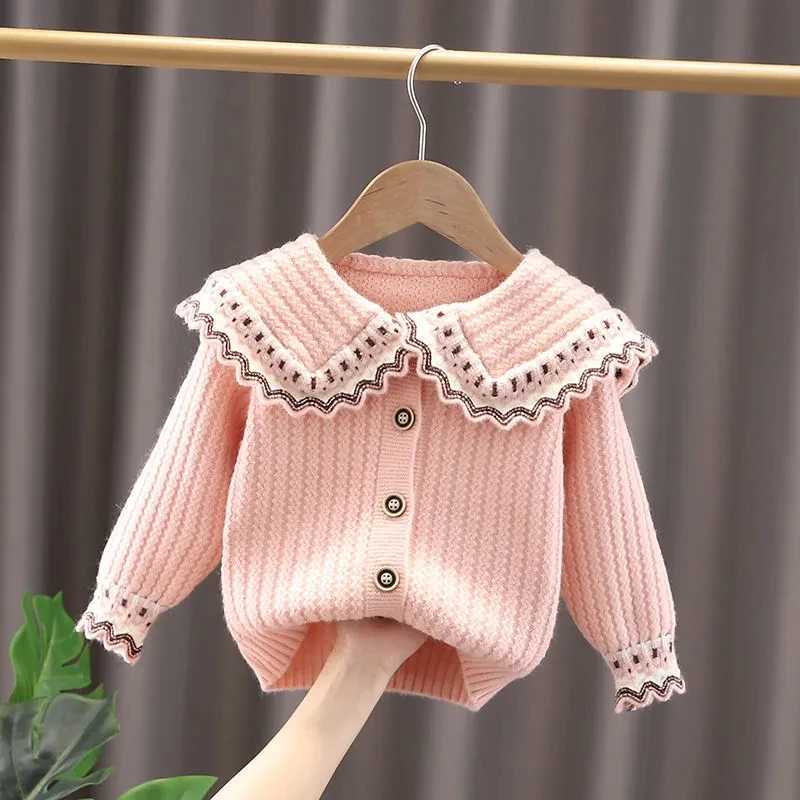Girls knitted cardigan wool sweater 2023 autumn and winter new childrens clothing childrens sweater doll collar jacket W240813