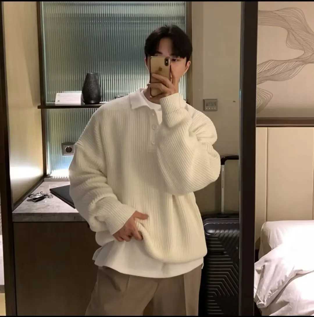 Korean Street Polo Neck Sweater Mens Warm Fashionable Casual Knitted Pullover Harajuku Casual Loose Zipper Long Sleeve SweaterW240729