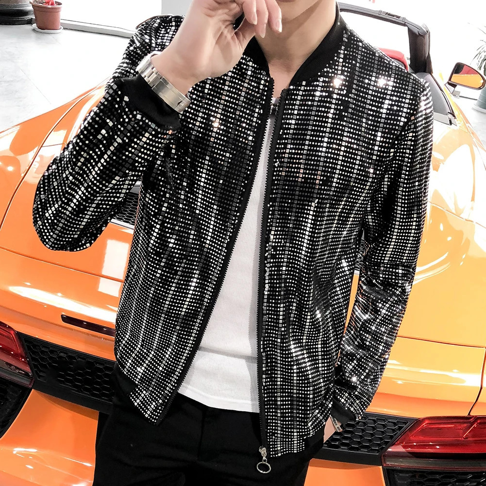 sequin bomber jacket mens shiny sequin long sleeved shiny zipper jacket hip-hop loose nightclub stage streetwear jacket 240814