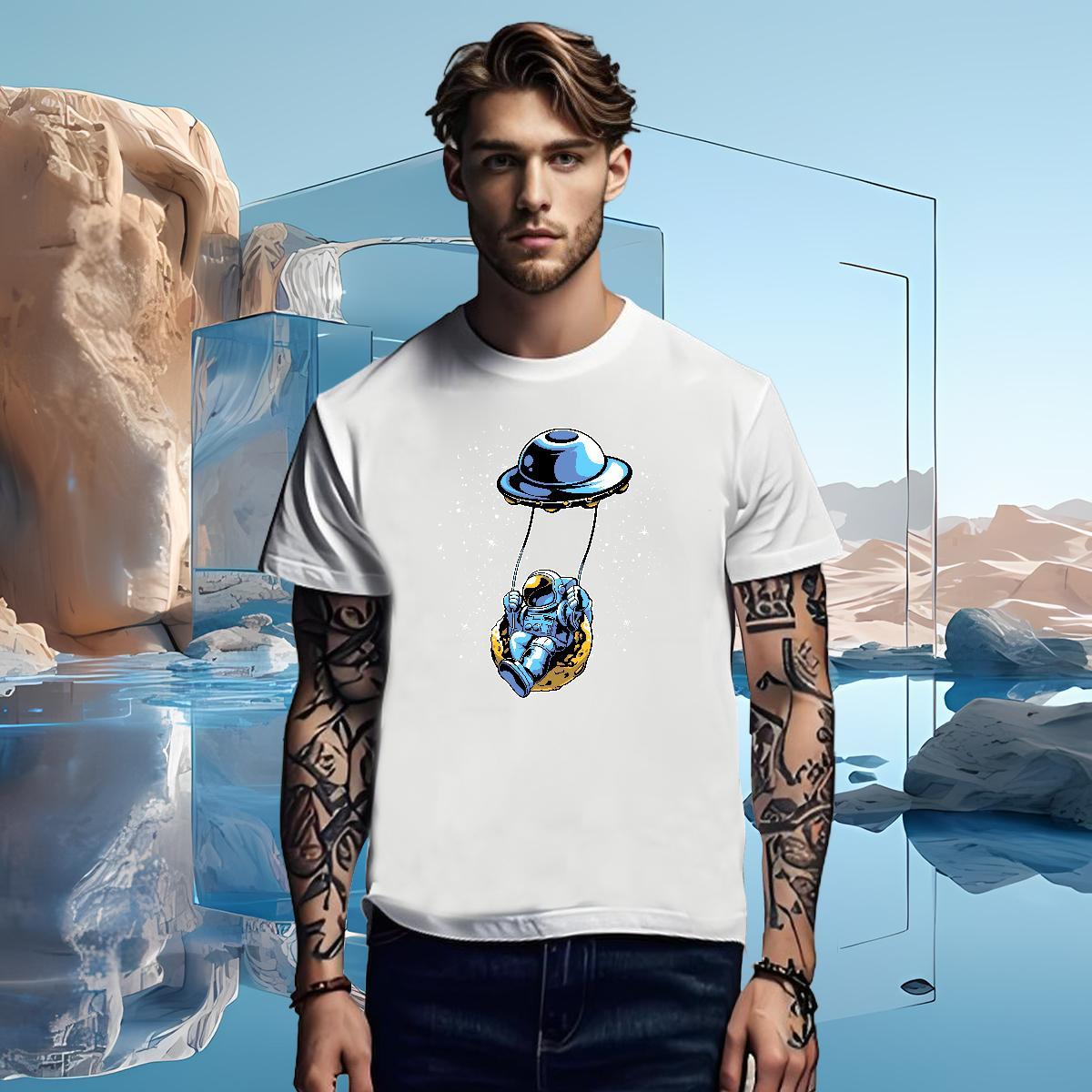 T Shirts Men 230g 100% Cotton cosmonaut Hip Hop Street Crew Neck Black White Men Tees Free Shipping Loose Tees Shirts
