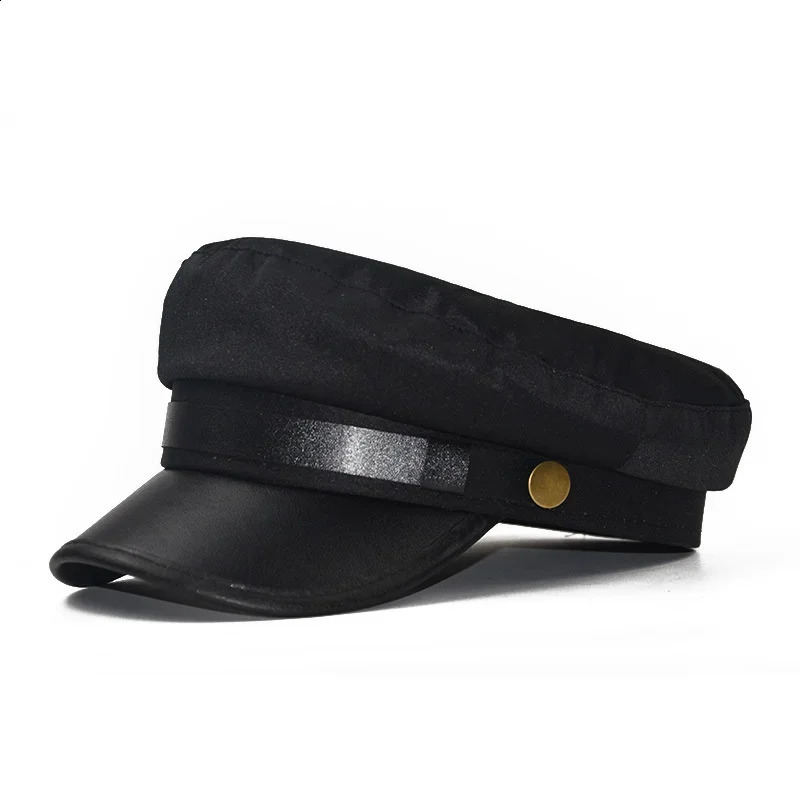 PU leather hat autumn sailor mens British style travel student captain flat top womens 240812