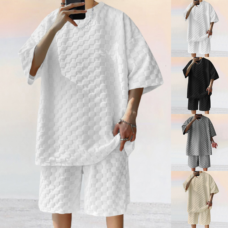 Checkerboard checkered jacquard ice silk short sleeve t-shirt set mens summer wear plus size draped five-point shorts two-piece 240813