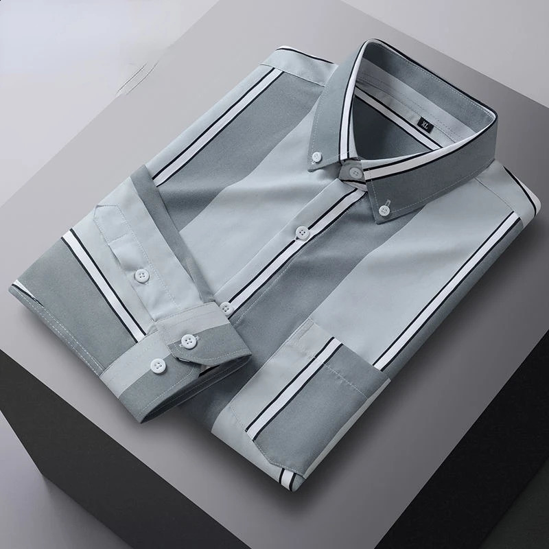 Mens Stripes Dress Shirts Slim Fit Fashion Korean Camicia Male Social Plaid Shirt Long Sleeve Business Office Casual Man Shirt 240814