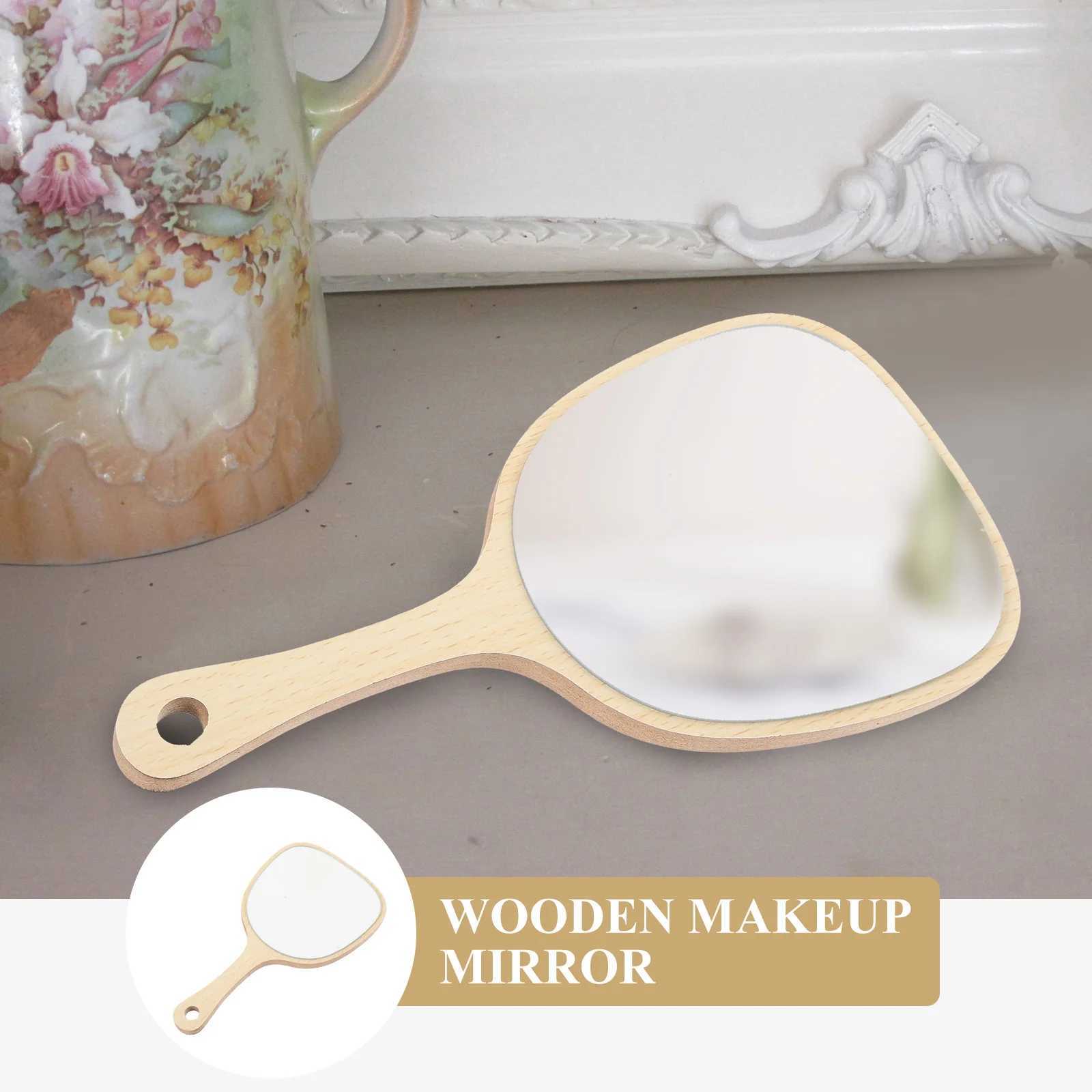 Womens wooden handheld mirror bathroom with handle khaki mirror wall mounted with hook hole used for home makeup salon travel W240813
