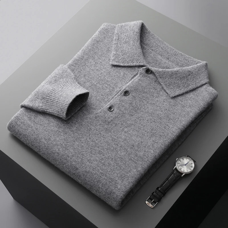 Cashmere sweater mens polo neck 100 pure cotton long sleeved Tshirt business casual brushed knit bottom w240824