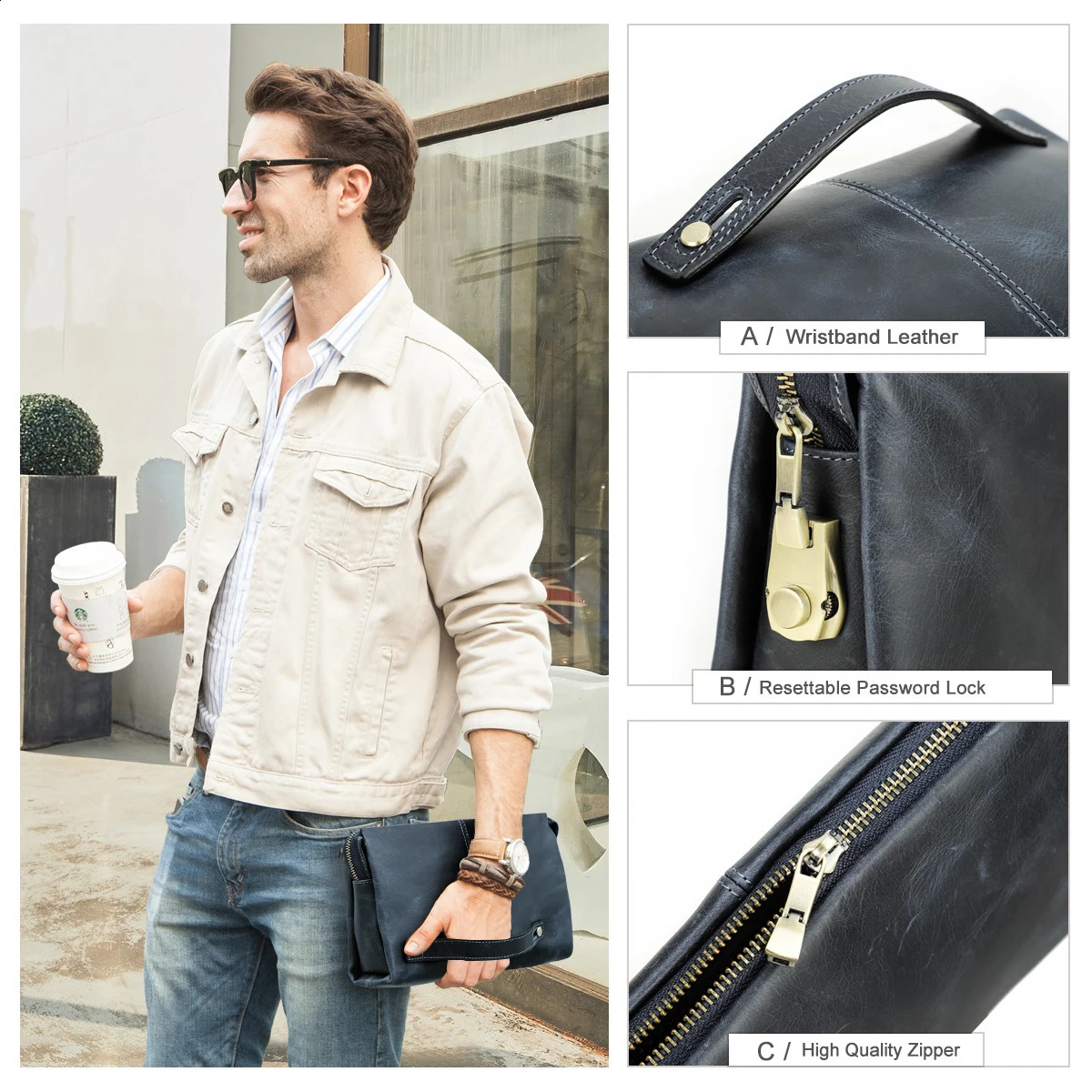 Crazy Horse leather password lock casual clutch bag mens wallet protection large capacity blue handbag 240812