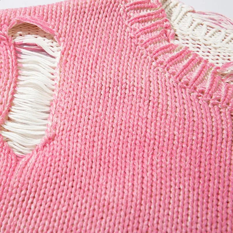 Vintage Sweater Y2K Grunge Ripped Holes Knitted Solid Plain Jumpers Streetwear Men Hip Hop Punk Gothic Long Sleeve Sweaters Pink 240821