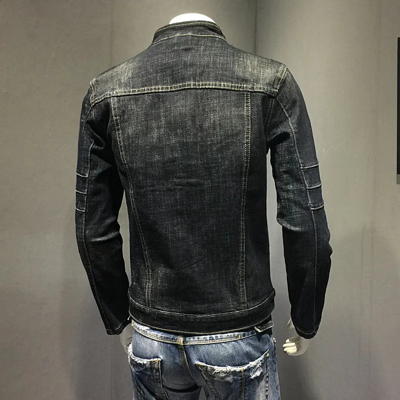 Idopy mens denim jacket motorcycle stand collar zipper motorcycle ultra-thin fit Distressed Bike mens denim jacket240813