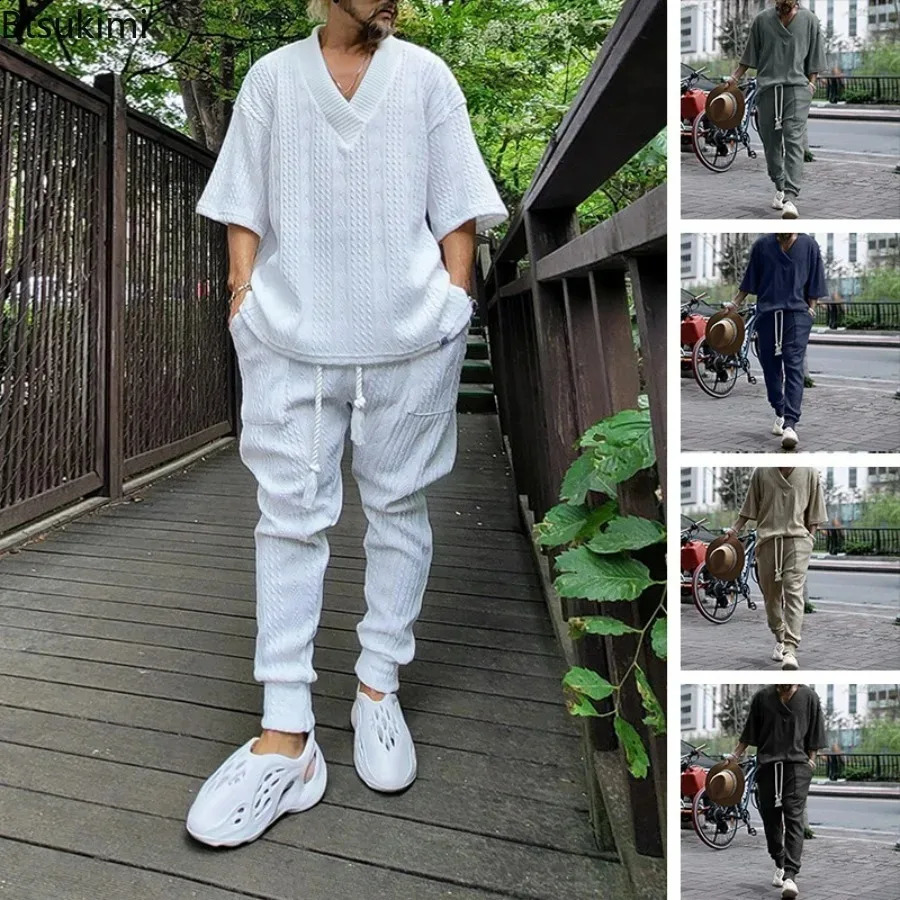 2024 Mens Casual Pants Sets Knitted Two Pieces Suit Sets Male V-Neck Tops And Pants Slim Streetwear Jacquard Sweater Outfits 240813