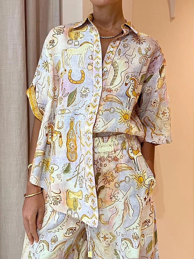 Half Sleeve Single-Breasted Printing Matching Sets Women Spring Summer Loungewear Two Pieces Outfit Streetwear Drop 240813