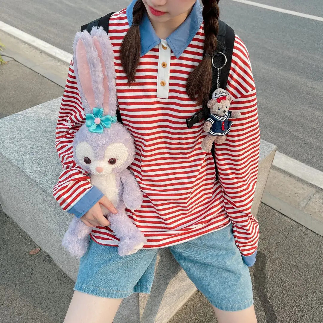 Casual loose womens loose T-shirt spring item womens polo shirt red striped T-shirt lapel cotton top long sleeved shirt 240827