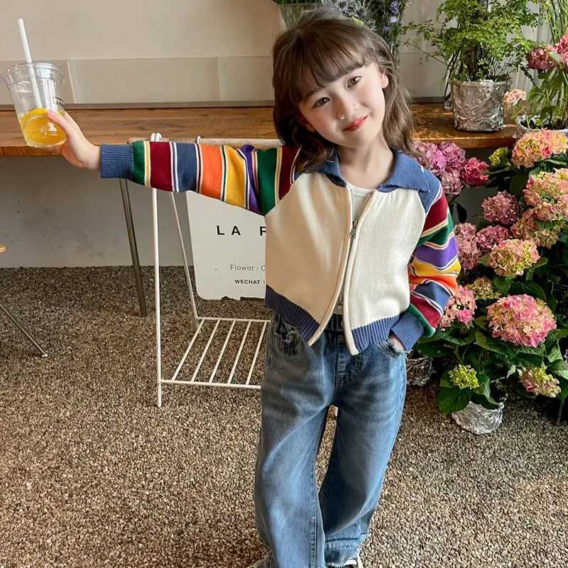 Autumn and winter fashion Korean Kawaii girls cardigan wool sweater patchwork childrens top casual long sleeved sweater cute Y2K childrens clothing W2