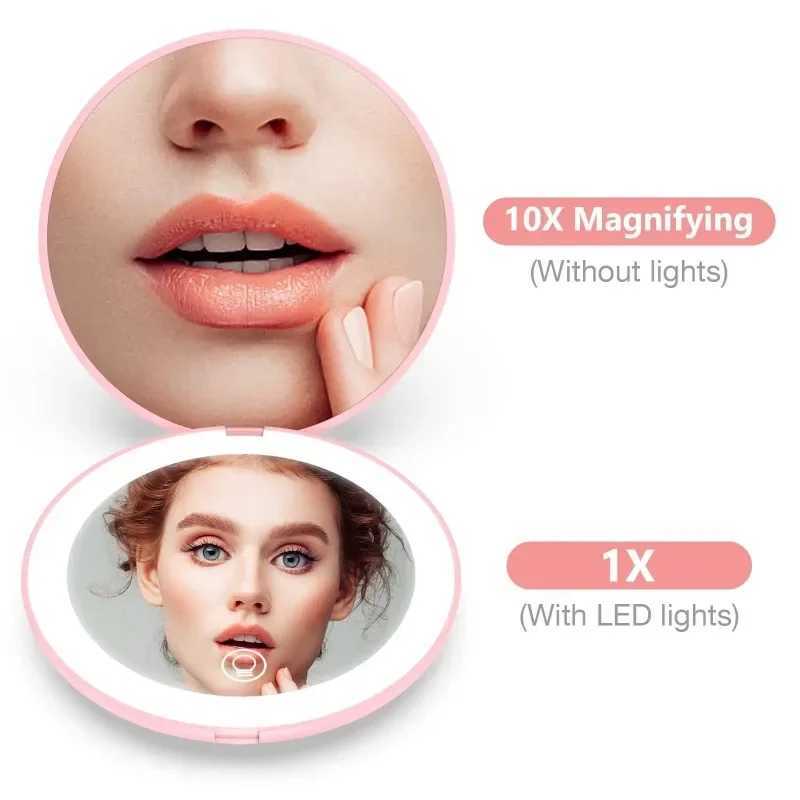 Mini portable folding travel bag makeup mirror with LED light round handheld compact 10X magnifying pink black makeup mirror W240813