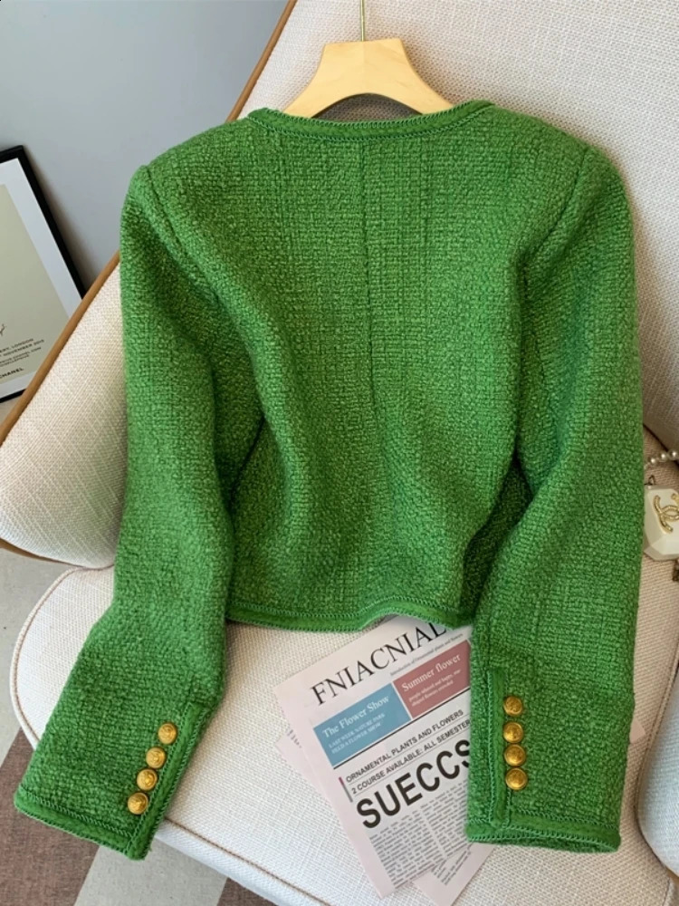 Autumn Korean fashion green tweed short sleeved jacket for womens chic long single chest woven top 240813