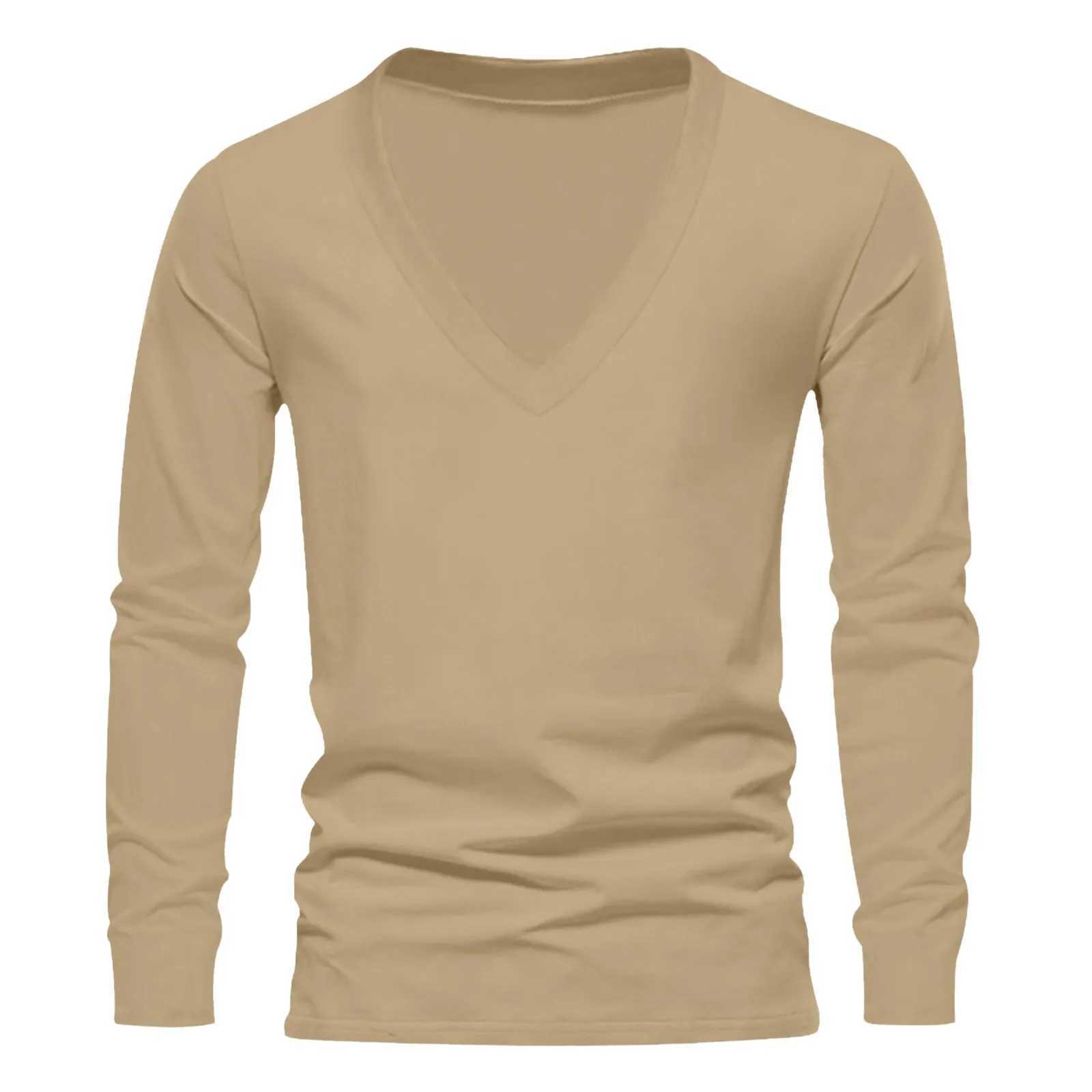 Mens T Shirt Solid Color V Neck Long Sleeve Loose Leisure Men Clothing Streetwear 2024 Fashion Casual bottoming shirts S-3XLM240814