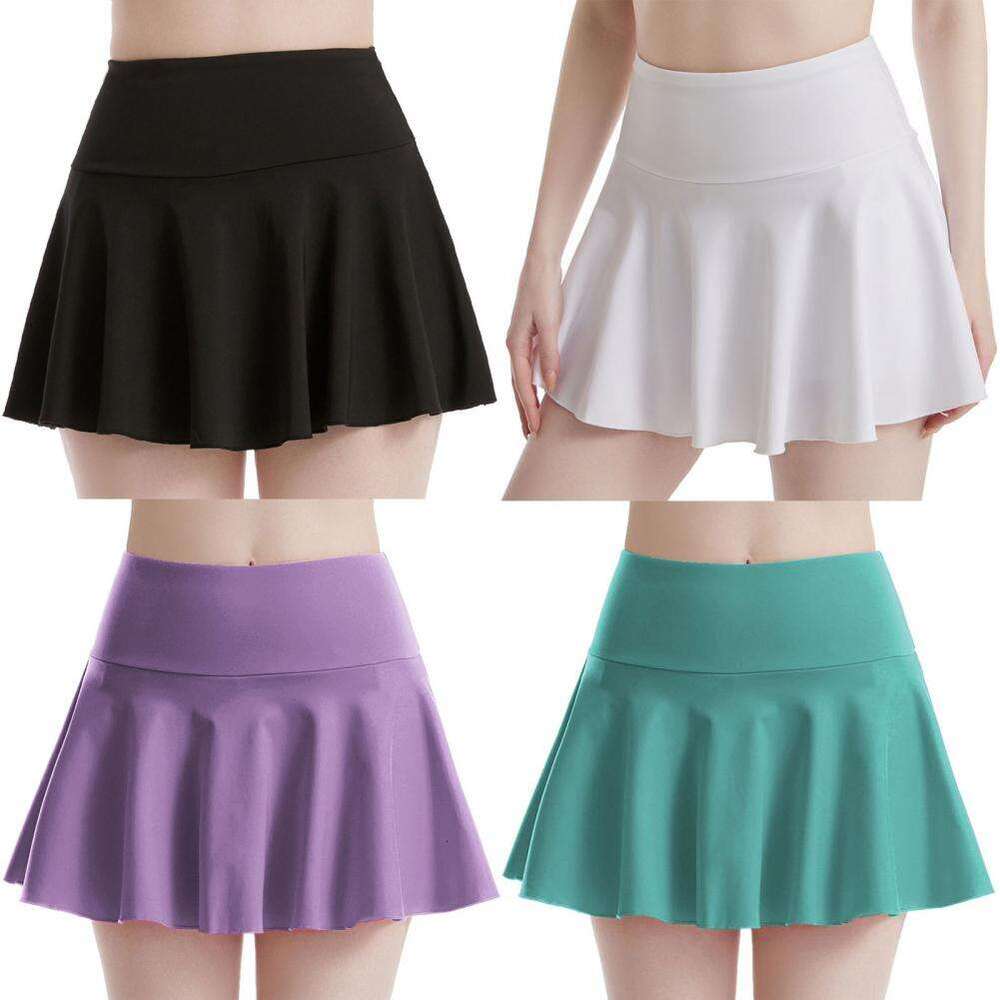 Women Tennis Golf With Pockets Solid Color Pleated Fake Two Yoga Dress Breathable Girl Athletic Workout Sports Skirt