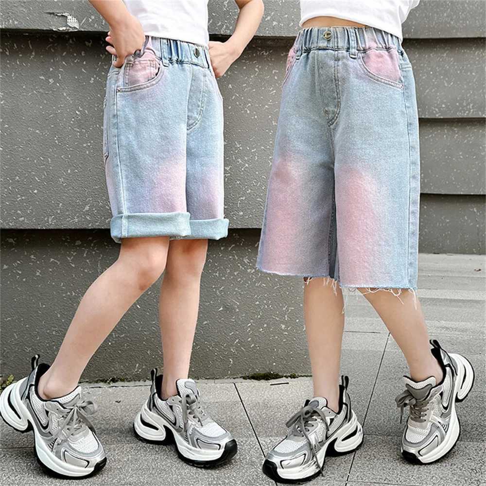 2405 Girls Jeans Printed Youth Denim Shorts Jeans Fashion Childrens Summer High Quality Powder Blue Original Edge Jeans W240813