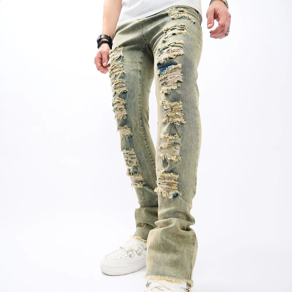 Fashion Vintage Holes Men Hip Hop Slim Jeans Pants Male Streetwear Ripped Solid Casual Jogging Denim Trousers 240814
