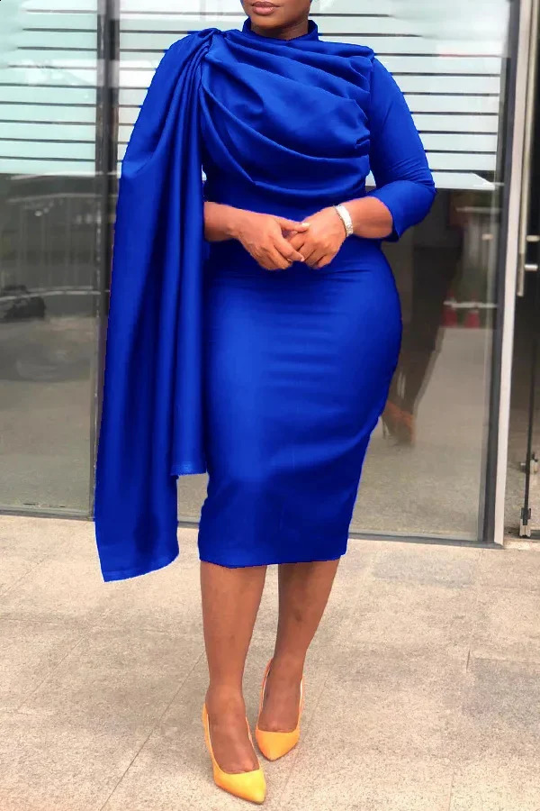Elegant Ruched Party Pencil Dress Women Solid Ruffle Pleated Cloak Sleeve Bodycon Evening Wedding Dress Women 240814