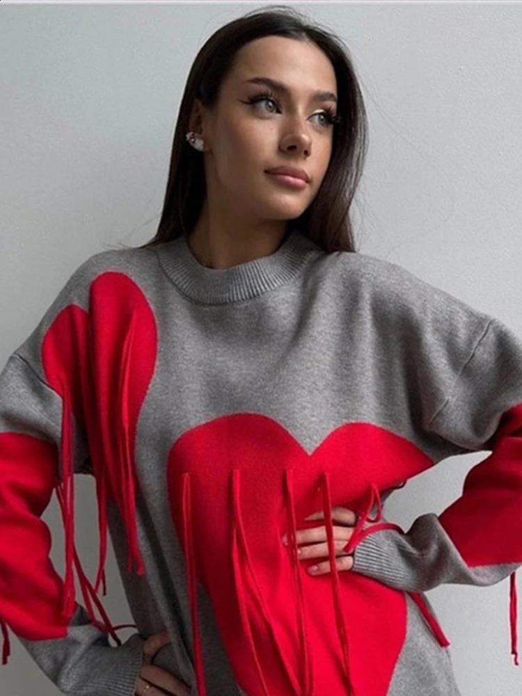 Casual Knitted Tassel Love Print Sweater Women Loose O-neck Long Sleeve Female Sweaters Autumn Fashion Lady Streetwears 240812