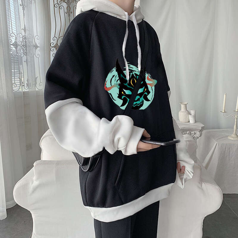 Impact Genshin Haruku Game Hoodies Men Xiao Mask Fangs Aesthetic Print Sweatshirt Long Winter Plus Size Streetwear Pullover