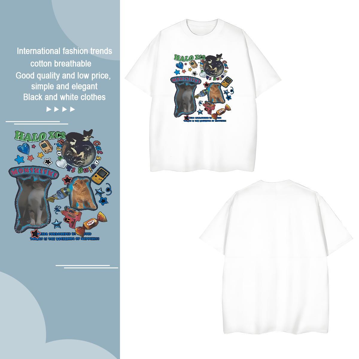 Unisex T-Shirts cat O Neck Short Sleeves Anime Printing Street Plus Size Cartoon 100% Cotton 230g Mens Tshirts 2024 New Clothes