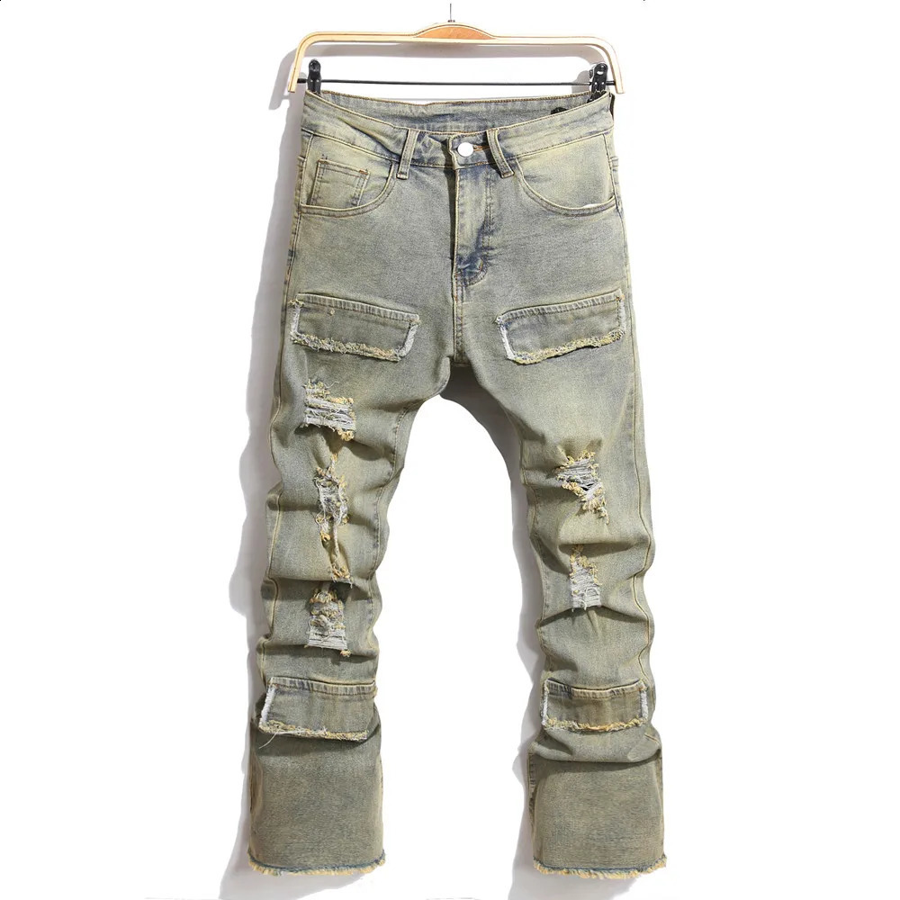 Streetwear Retro Style Men Ripped Spliced Slim Jeans Trousers Hip hop Holes Stylish Denim Pants For Male 240814