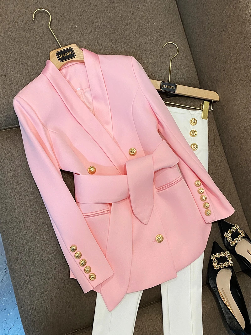 Arrival European Style Quality Women Coat Shawl Collar Double-breasted Office Lady Solid Blazer With Belt 240813