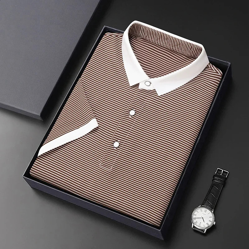 2024 Mens Striped Cotton Business Casual Short Sleeved POLO Shirt Fashion Short Sleeved Comfortable and Breathable Top o240814