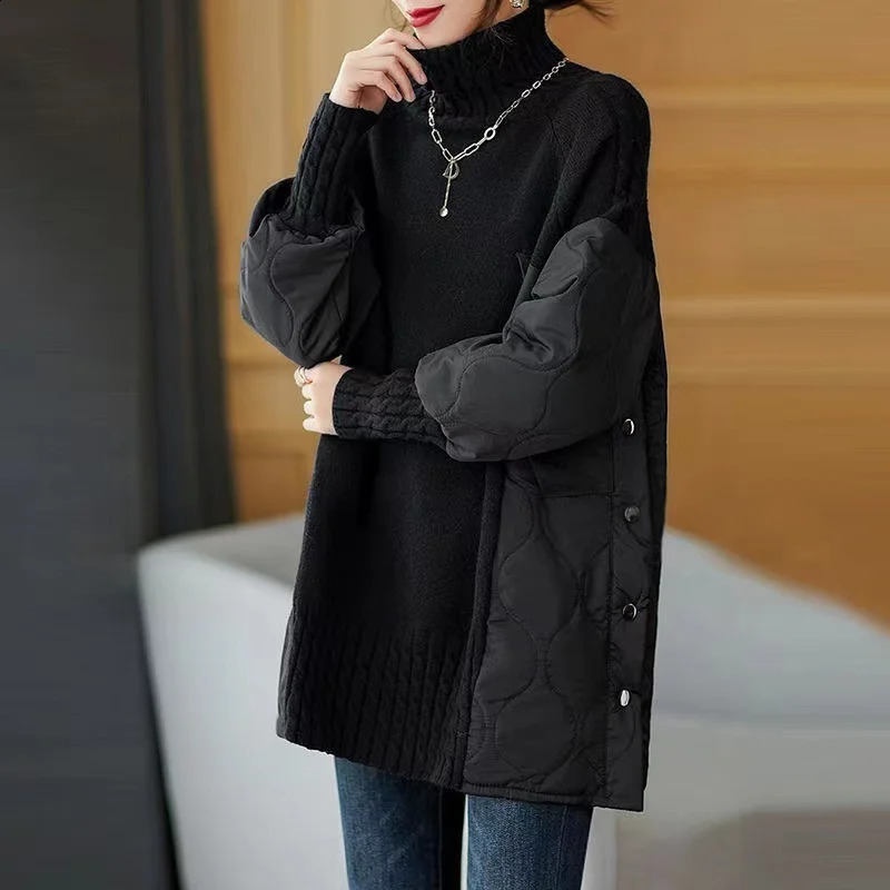 2024 Womens Parkas Autumn Winter Fashion Loose Mid Long Casual Splicing knitted Warm Female Jacket Outwear Overcoat Woman 240813