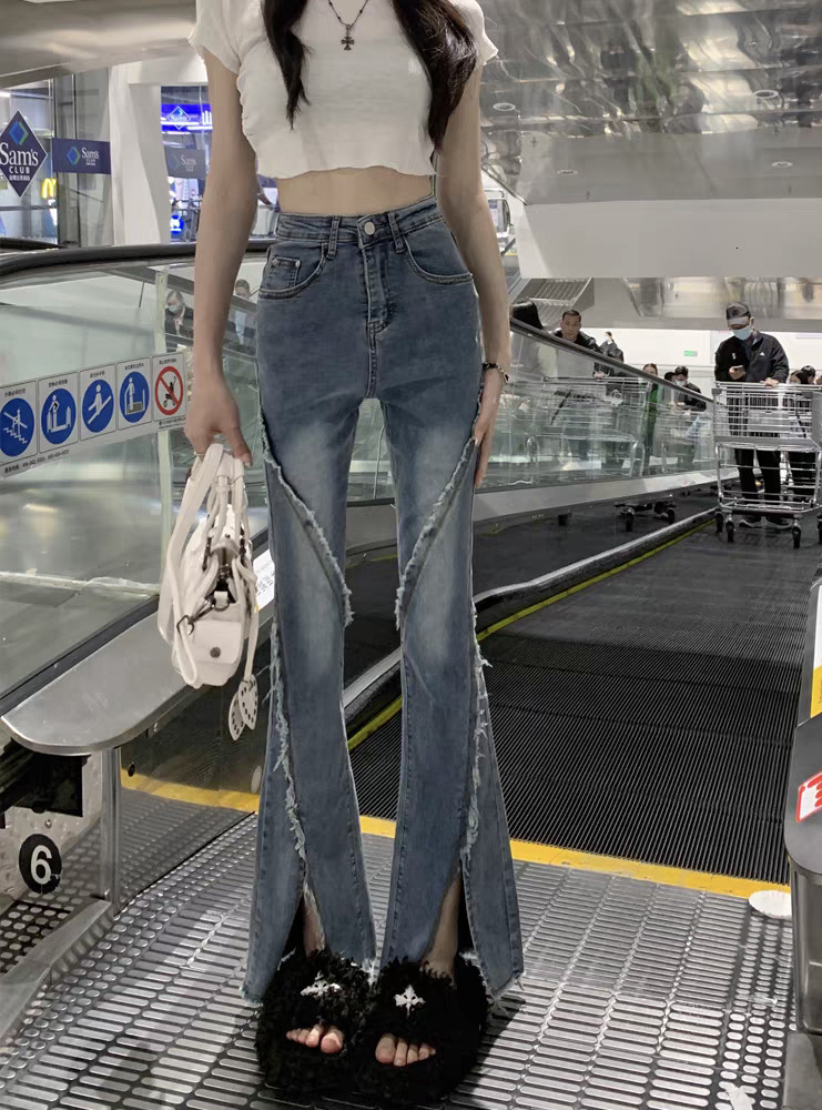 Blue stretch split jeans for women in spring and autumn, straight leg, slimming, plus size, fat, mm, high waist, slightly flared pear shaped figure pa