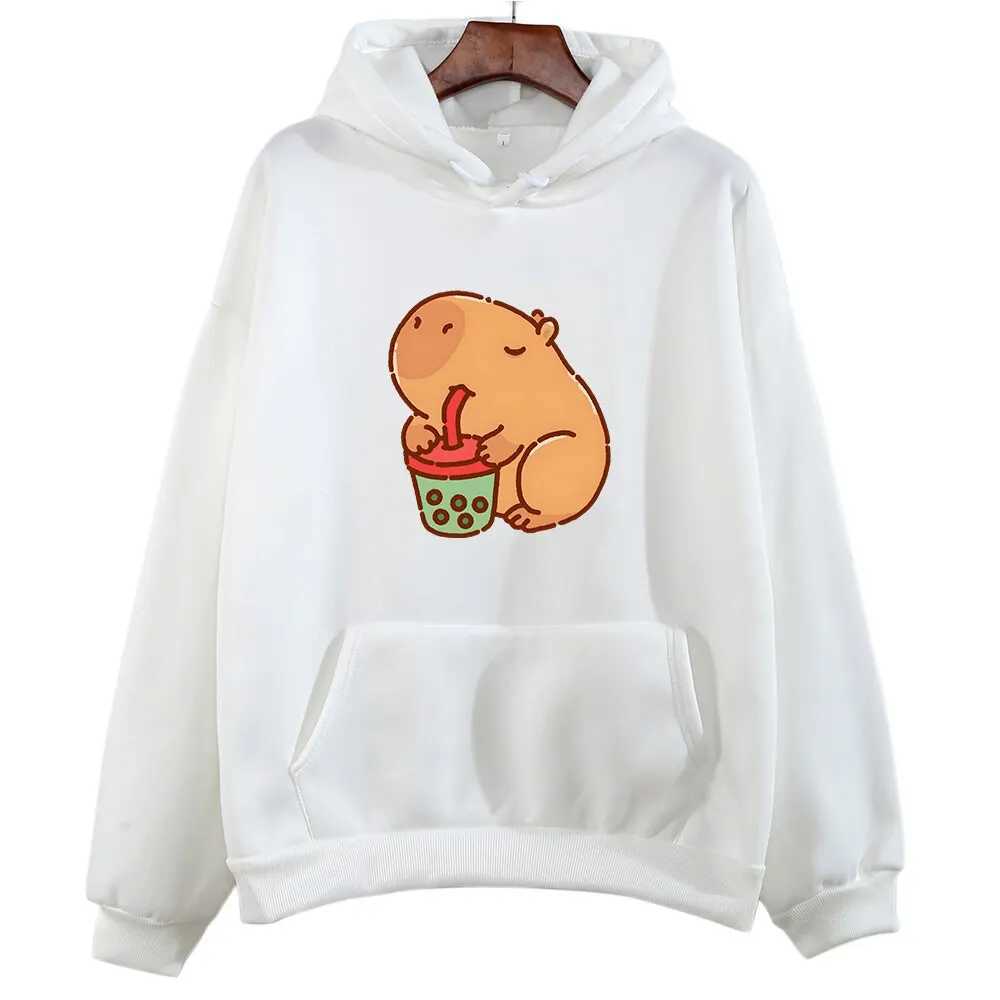 Capybara Drink Bubble Tea Hoodie Kawaii Animal Cartoon Graphic Sweatshirt Kids Clothes Girl Long Sleeve Hooded Boys Top HarajukuY240814