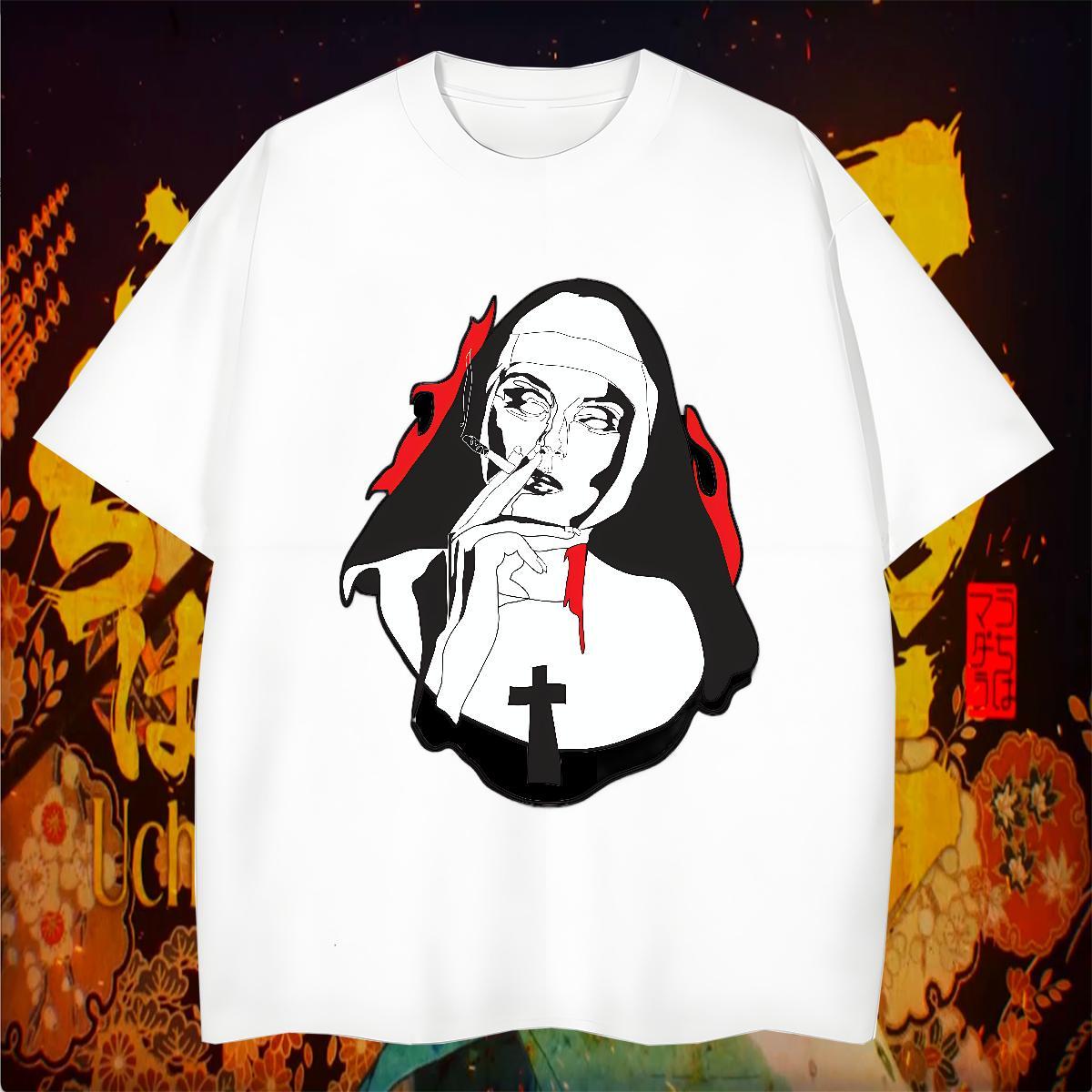 Mens T Shirts 230g Pure Cotton nun Daily Wear Breathable Short Sleeve Anime Print Men Tops Tees Fashion Designer Clothings