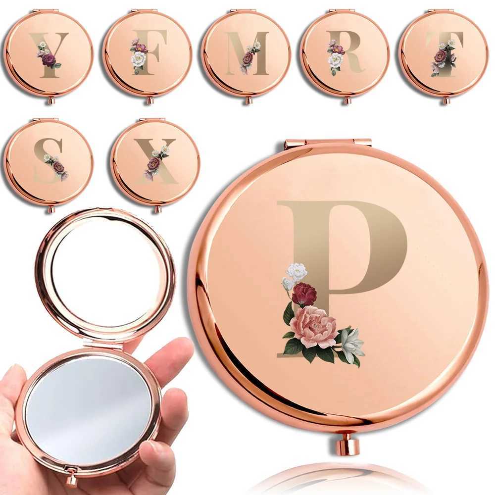 Womens Folding Makeup Circular Mirror Handheld Makeup Double sided Mirror Metal Magnifying Wallet Appearance Glass Gold Letter Pattern W240813