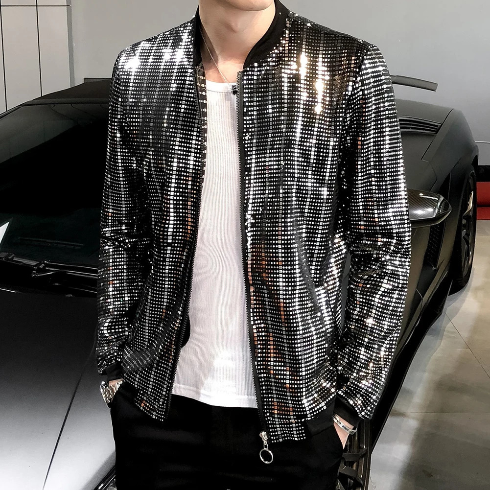 sequin bomber jacket mens shiny sequin long sleeved shiny zipper jacket hip-hop loose nightclub stage streetwear jacket 240814